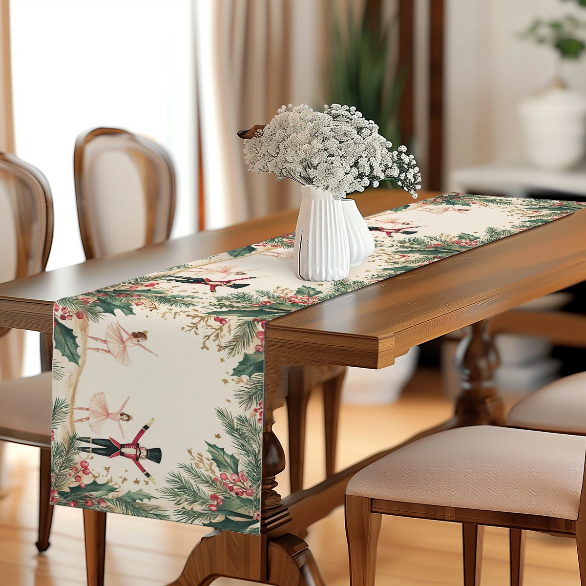 

Christmas Watercolor Nutcracker Table Runners Dresser Decor for Kitchen Holiday Party Table Runner Washable Dining Long Cloth