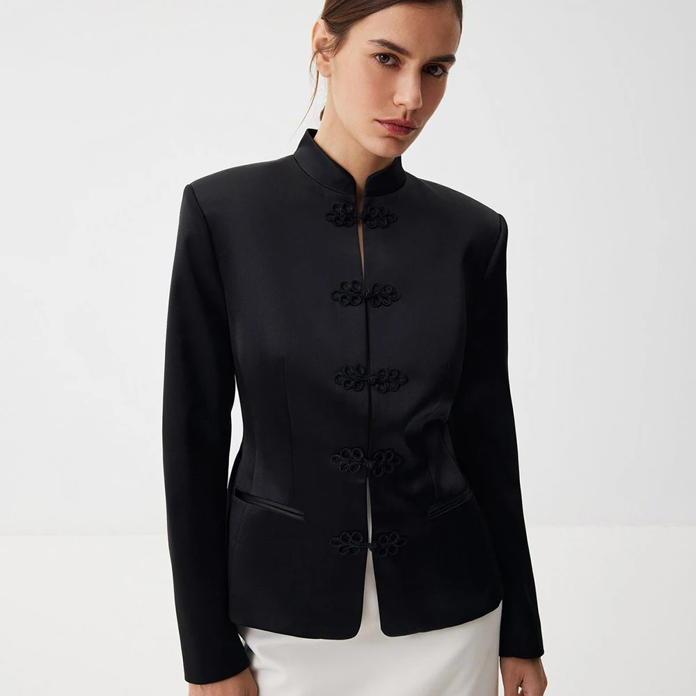 Nova Women Elegant Satin Blazer Chinese Frog Button Stand Collar Jacket 2026 New Office Style