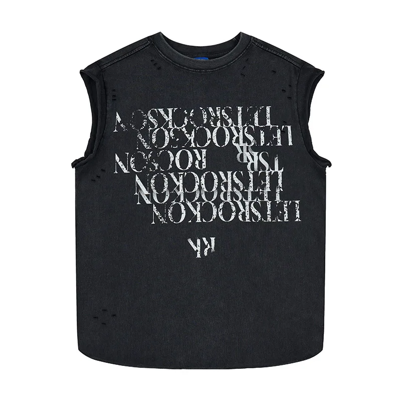 Streetwear Vintage Washed Tank Top Oversized Men's Gothic Letters Distressed Sleeveless Tshirt Casual Ripped Graphic Tees