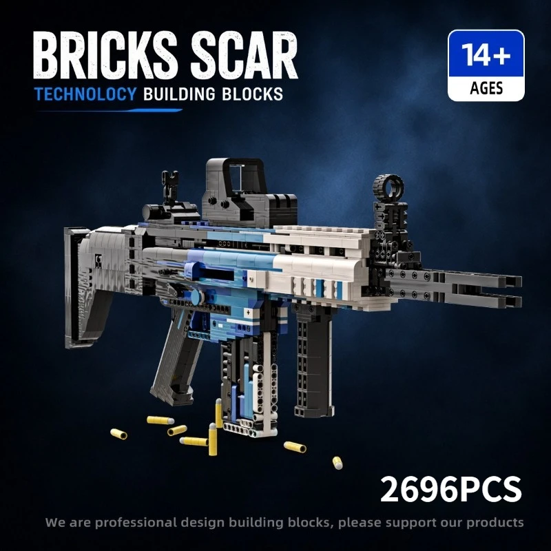 Blocs de construction de fusil technique SCAR avec balles, jouet d'arme à assembler, cadeau pour les fans militaires