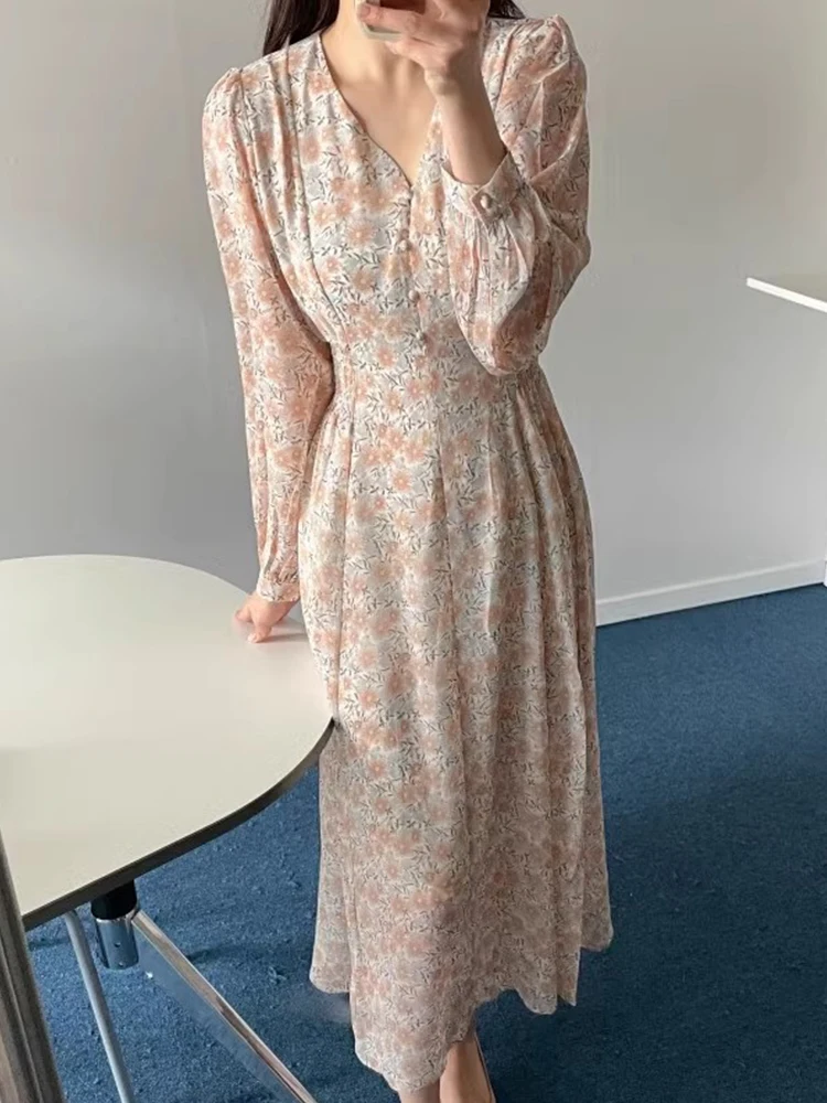 

Korea Chic Spring Retro Elegant Wind V Neck Waist Slim Color Printed Bubble Sleeve Floral Dress Female