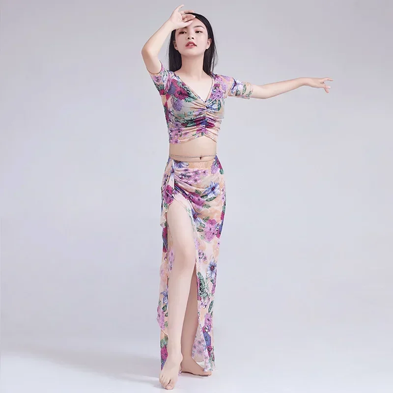 Belly Dance Practice Clothes Long Skirt Suit Luxury Floral Printing Performance Carnaval Costumes Sexy Woman Modern Dance 2023