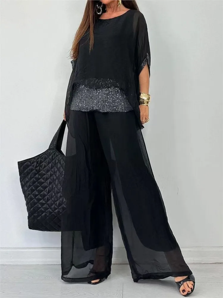 Pant Sets 2024  Autumn Chiffon Round Neck Five Quarter Sleeve Short Sleeved Fashion Bead Patchwork Pants Casual Suit For Women