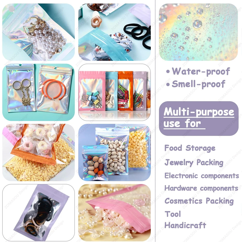 1-200PCS เลเซอร์ปิดผนึกถุงพลาสติกสี Holographic Candy อาหารกระเป๋า Resealable สร้อยคอเครื่องประดับของขวัญบรรจุภัณฑ์กระเป๋า