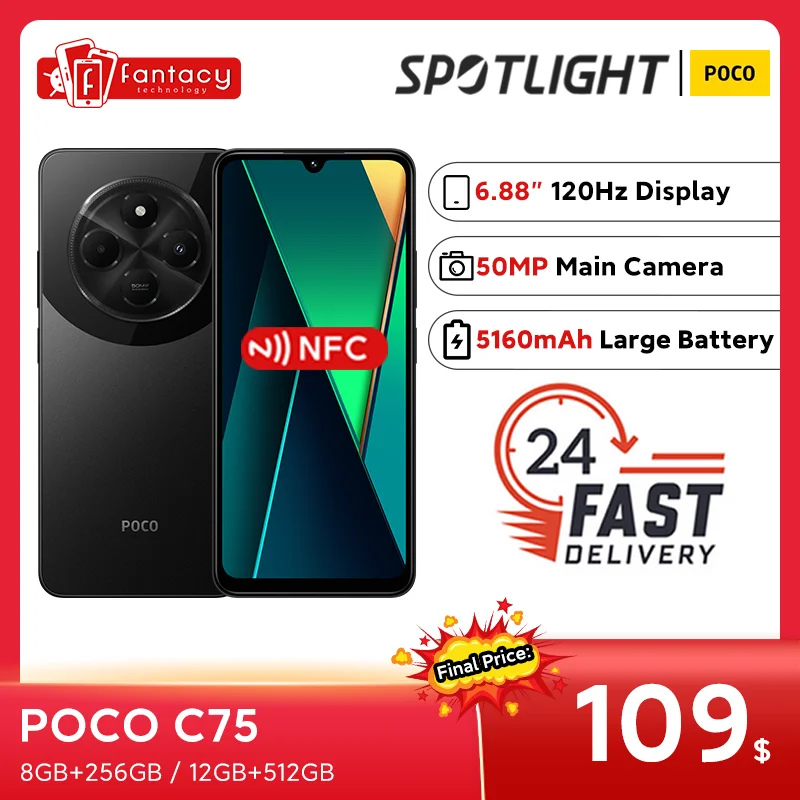 2024 New World Premiere POCO C75 Global Version 6.88'' 120Hz Display NFC Helio G81-Ultra 50MP Camera Massive 5160mAh Battery