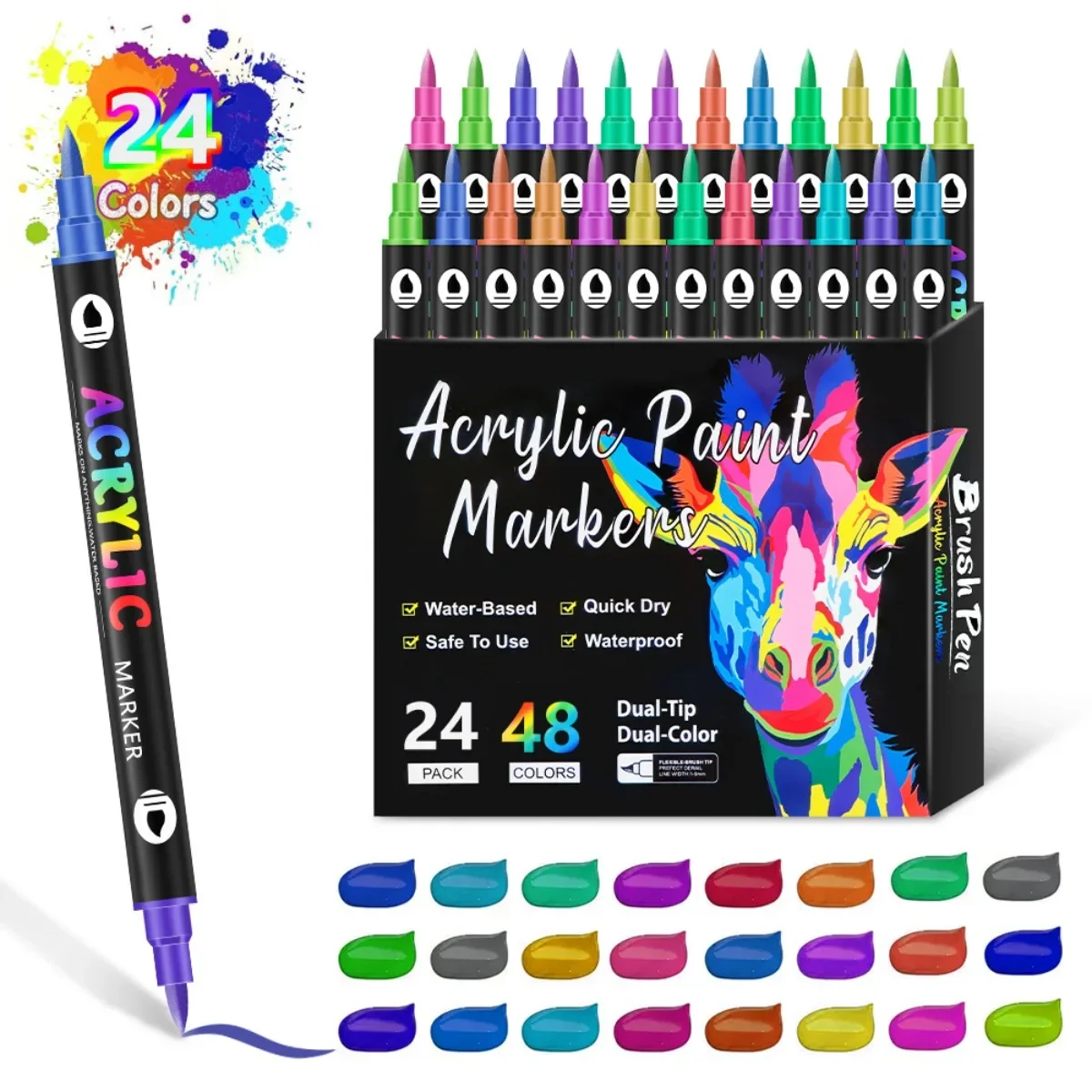 24 Colors Acrylic Paint Markers Pens Set 12 Pack Dual Tip Acrylic Paint Markers with Brush Tip and Fine Rock Painting PH291