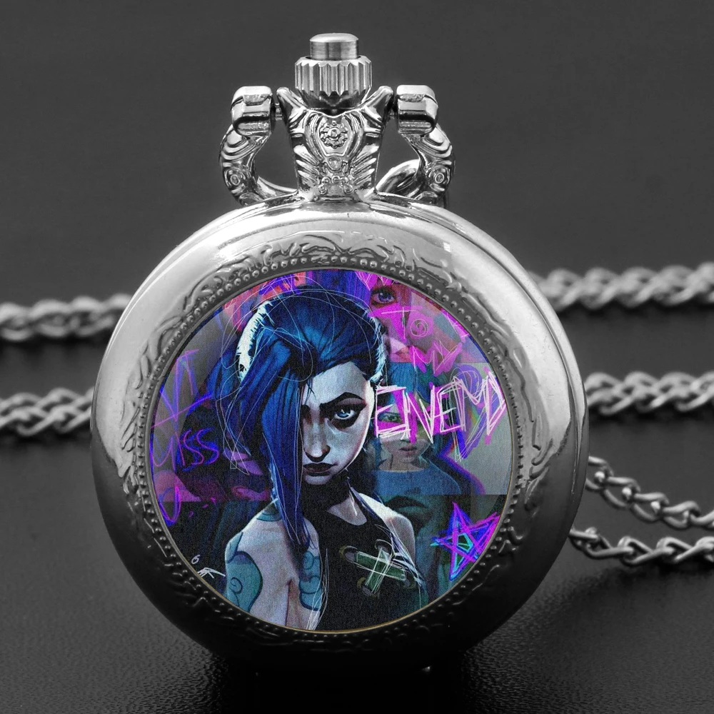 Fashion Silver Stainless Steel Arcane Jinx Design Glass Dome Quartz Pocket Watch Necklace Women Jewelry Pendant Chain