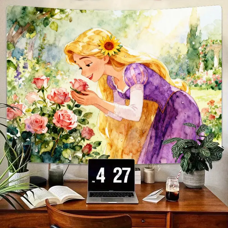 

1 шт., очаровательный акварельный гобелен принцессы Рапунцель, эстетическое настенное искусство для розового сада для декора спальни, подарка для девочек и подростков