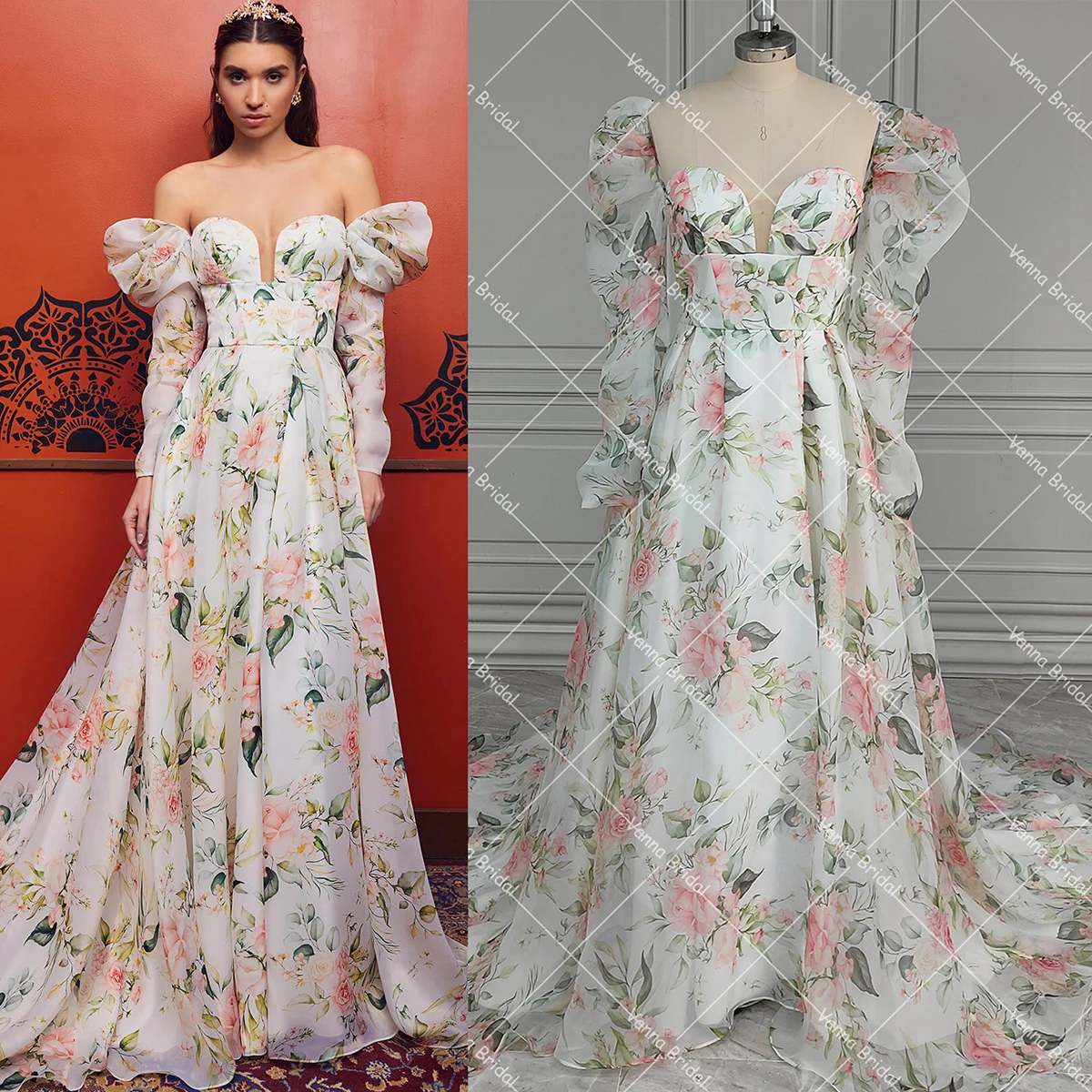 Vestidos de novia alternativos de organza floral floreciente personalizados, mangas largas de globo extraíbles, vestido de novia con abertura larga y bolsillos