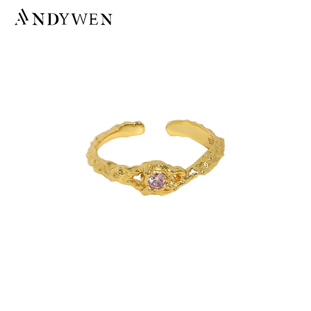 ANDYWEN 925 Sterling Silver Gold Zircon Crystal Pink Irregular Resizable Geometric Rings 2021 Women Fashion Jewelry Gift