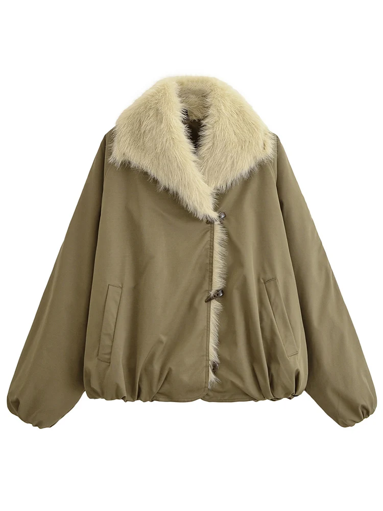 

Fashion Women Cow Horn Button Cotton Jacket Winter New Fur Collar Long Sleeve Minimalist Solid Thick Coat Fashion Warm