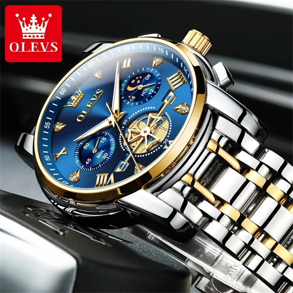 OLEVS 2856 دولاب الموازنة الهيكل العظمي ساعة رجالية فاخرة متعددة الوظائف مقاوم للماء توقيت ساعة 24 ساعة Moonphase ساعة كوارتز رجالية Reloj