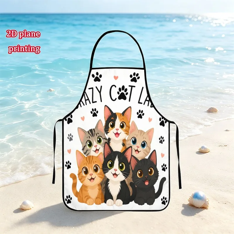 1PC【Apron】2DFlat effect，Printed with a cartoon of a group of cats and paw prints，Fun and Cute，Suitable home kitchen co