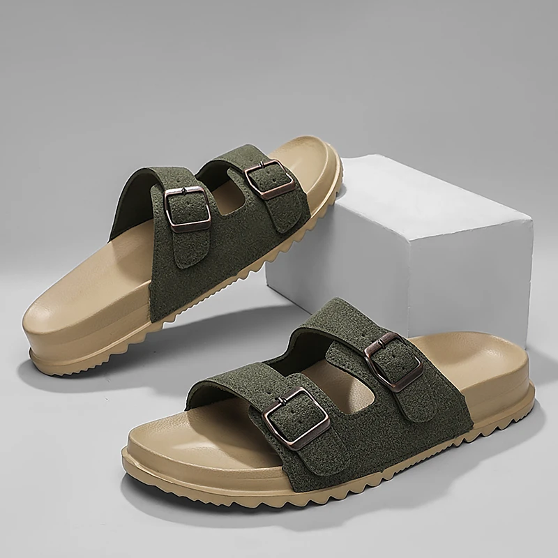 Summer Mens Microfiber Leather Slides Slippers With Adjustable Buckle Sandals Lightweight Anti Slip Slippers Cheap