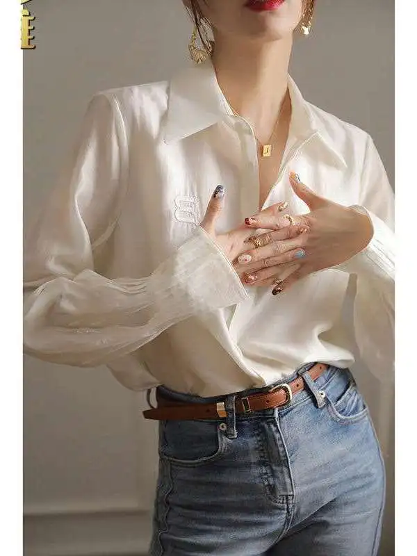 

Early Spring New Women's White irt Single Tail Design Cleanfit Sle Synthetic Fabric Long Sve Collar Thin Model