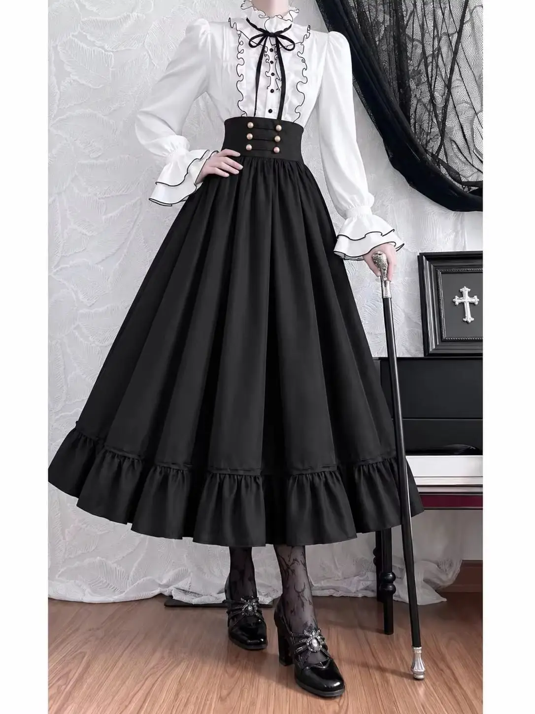 2026 Harajuku Vintage Retro 2 Piece Set Women Elegant Shirt A-line Skirt Gothic Highstreet Casual Party Fashion Matching Outfit
