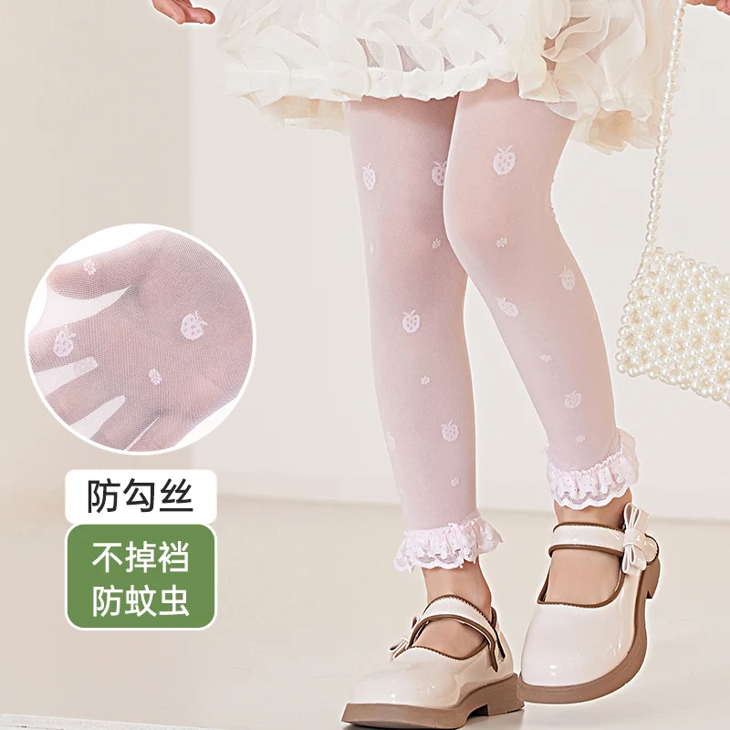 Baby Summer Lace Breathable Tights Ultra Thin Transparent Cropped pants Sweet Girls Embroidered Strawberry Floret Kids Trousers