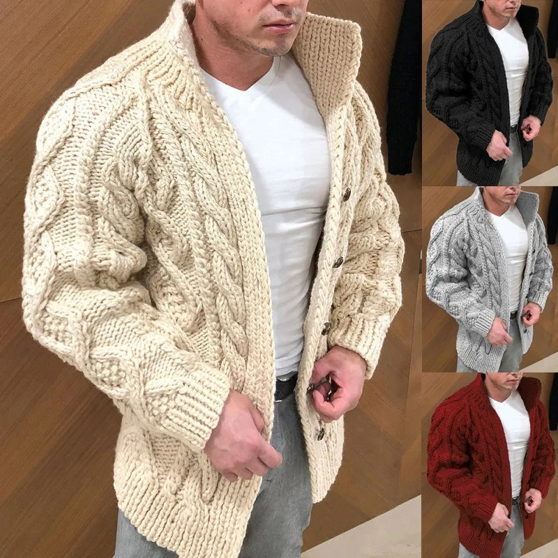 

Новый мужской кардиган из жаккардовой вязки с узором косы, плотный, с длинными рукавами, повседневный свитер