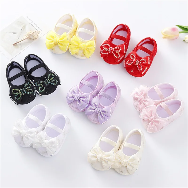 Baby Girls Mary Jane Flats Beaded Bow Princess Shoes Dress Walking Shoes and Headband for Newborn Infant Toddler