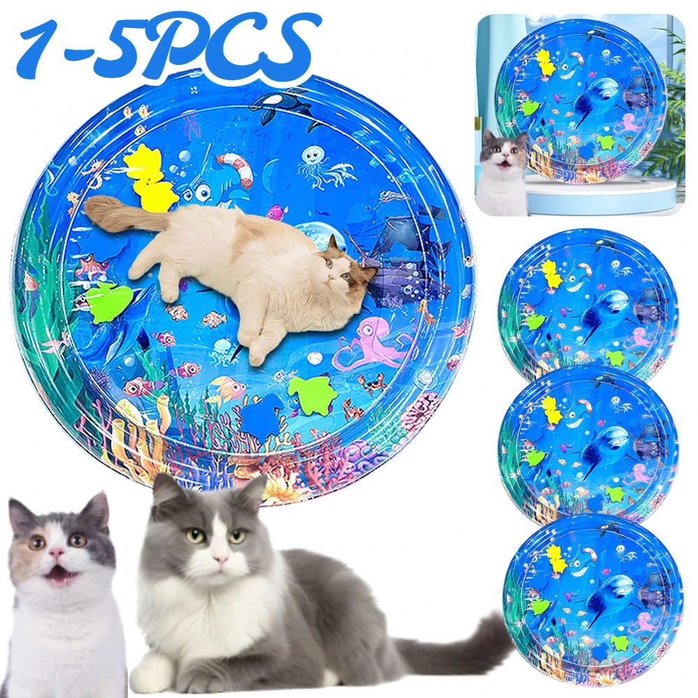 65cm Cat Sensory Water Play Mat with Fish Water Sensory Play Mat PVC Inflatable Baby Tummy Time Water Playing Pad Dog Cat Toys