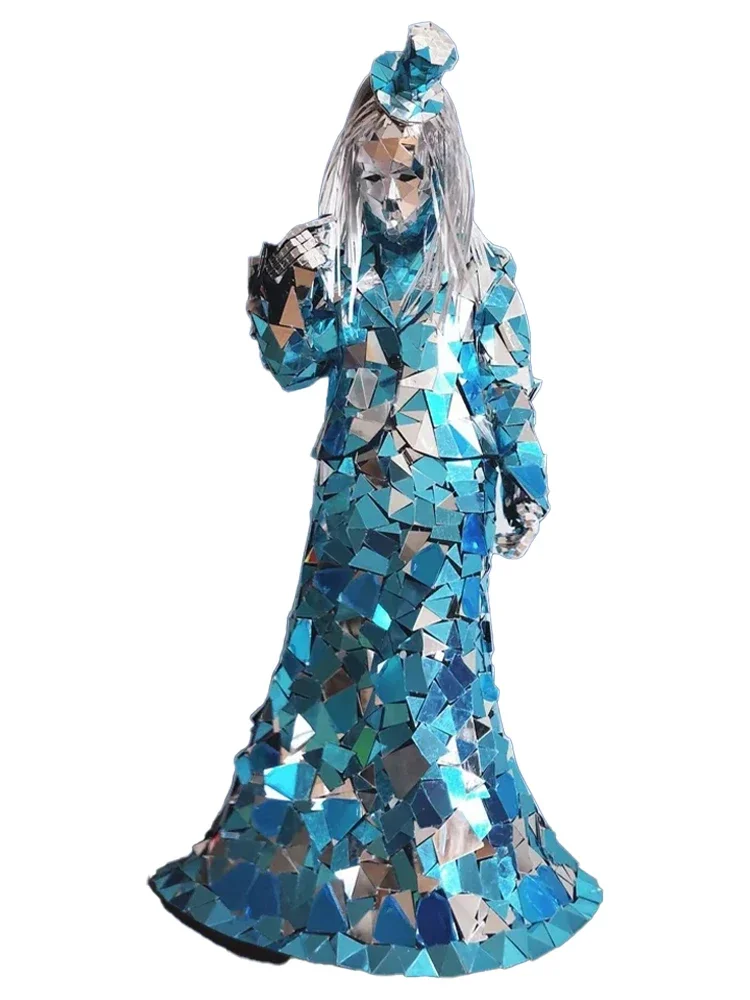 Mirror Glass Dress Blue Gold Silver Shimmering  Party Club Show Outfit for Music Festivals Dance Performances Catwalk Shows