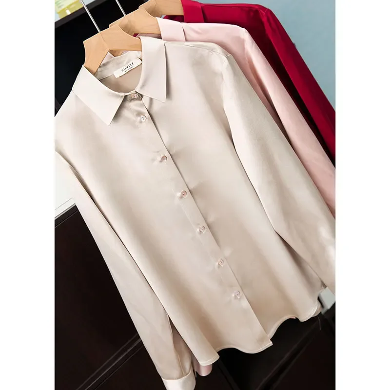 Women\'s French Style High Quality 40 MM Heavy Office Lady Solid Satin Silk Long Sleeve Shirt Ladies\' Blouse