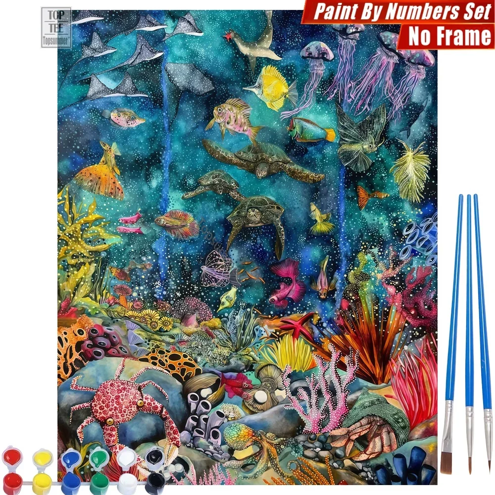 Kit de pintura por números DIY de peces y tortugas submarinas - Medusas, corales, variedad de especies, calidad, tiempo en familia, regalo del Día del Padre para papá