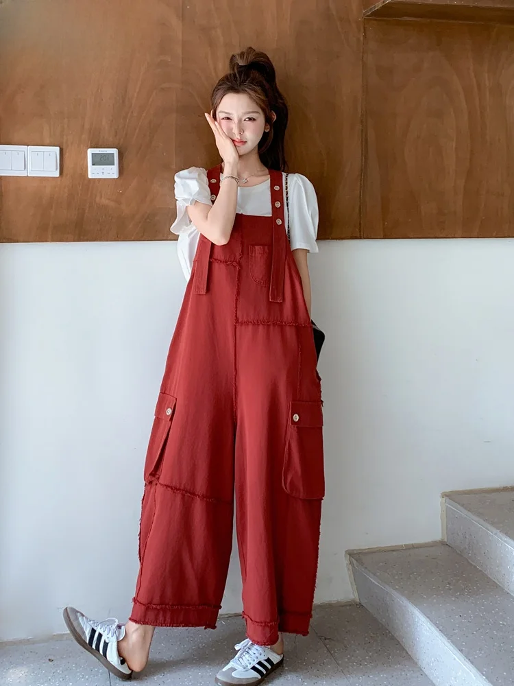 

Korean Sle Casual Loose Hem Overalls Women's Summer New Faion Wide Leg Jumpsuit High Waist Workwear Long Pants