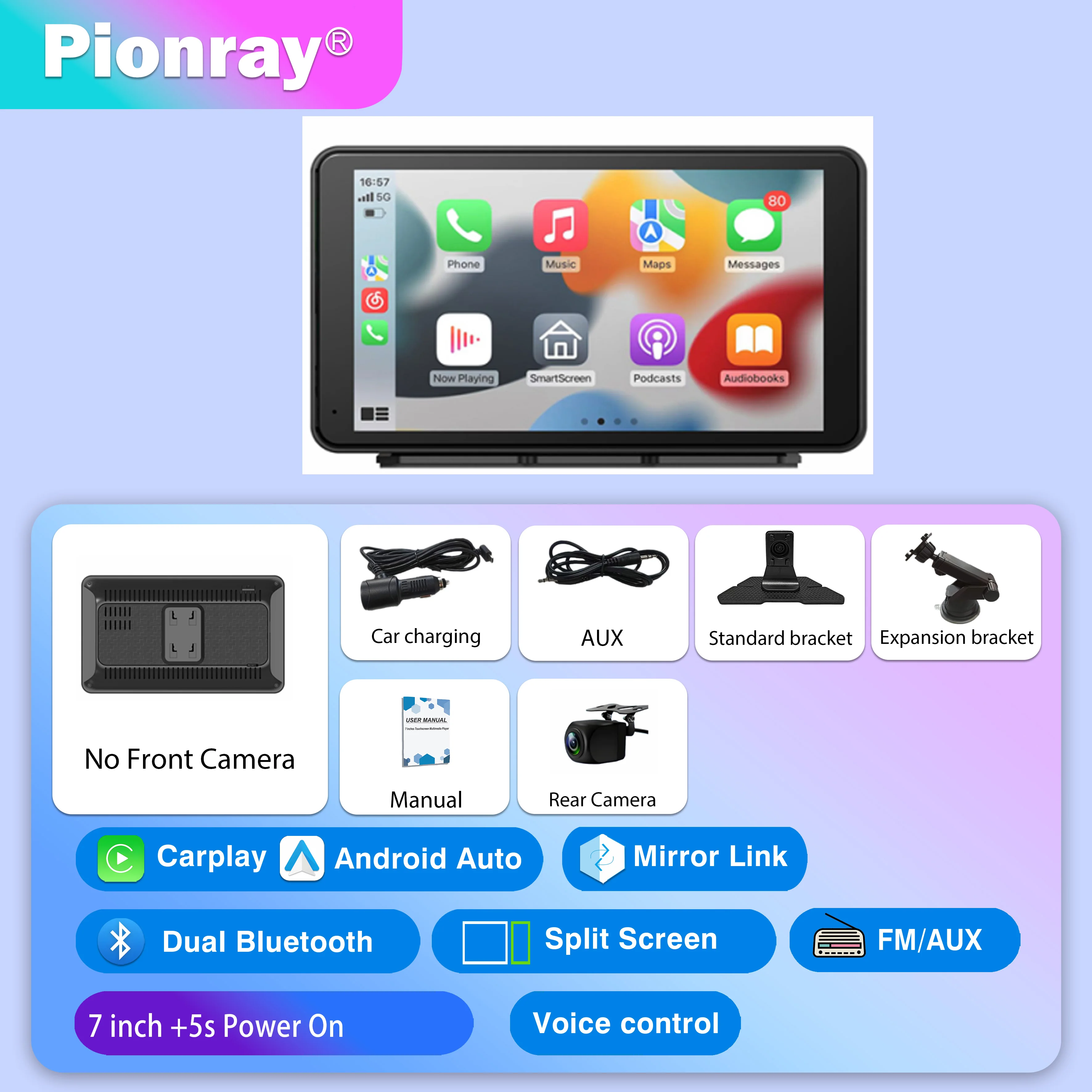 Pionray 7/10 inch Android auto Universele draagbare CarPlay voor autoscherm Autoradio Video Draadloos Carplay-scherm voor Apple