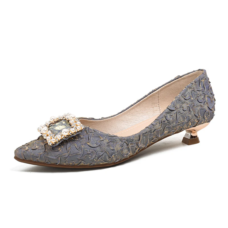 Ivory Textured Satin Pointed Toe Kitten Heel Pumps With Pearl Rhinestone Buckle Elegant Dress Shoes For Office Work Wedding view 5