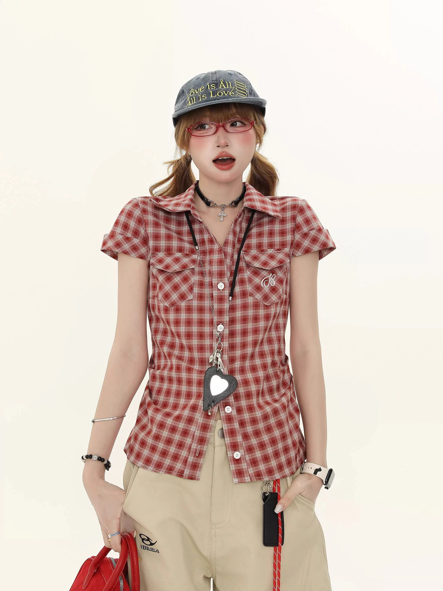 Japanese Sweet Academia Shirt Women - Plaid Short Sleeve Blouse with Ruffle Hem, Y2K Vintage School Style Top, Kawaii Unique De
