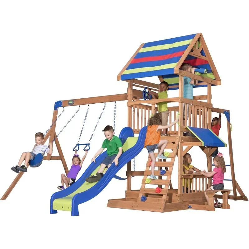 Spacious Backyard Swing Set with Rock Wall & Sandbox, All-in-One Outdoor Playset