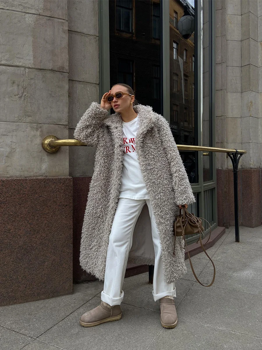 Gray Wool Faux Fur Shearling Long Coat for Women Winter 2025 Winter Fashion Trendy Teddy Maxi Coat Monki Curly Clean Fit Outwear