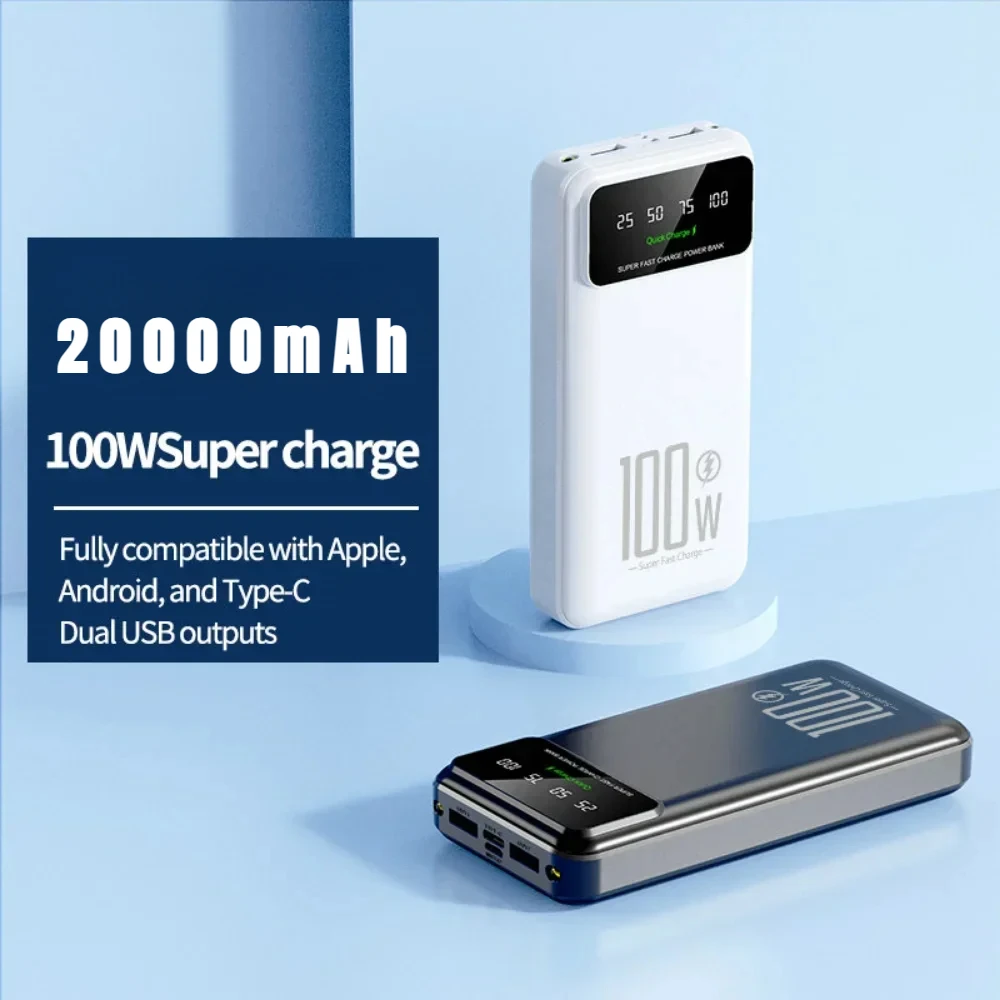 For IPhone Huawei Samsung Xiaomi 20000mAh High Capacity 100W Fast Charging Power Bank Portable Charger Battery Pack Powerbank