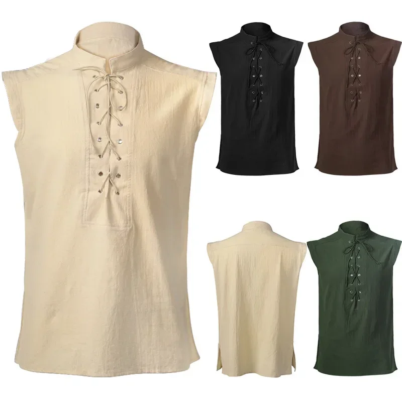 New Men's Pirate Renaissance Viking Steampunk Medieval Gothic Celtic Sleeveless Shirt Barbarian Costume New Halloween Cosplay