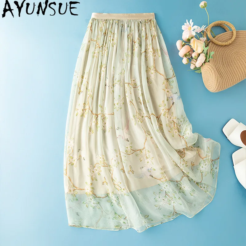 AYUNSUE 100% Silk Women's Skirts Vacation Style Casual Skirts 2026 Woman Flowing Sweet Summer Skirt Woman Clothing Юбка Женская