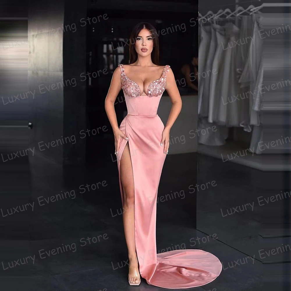 Gaun malam merah muda 2024 sederhana gaun Prom applique Sweetheart tanpa lengan High Side Split Satin Formal pesta mode Vestidos