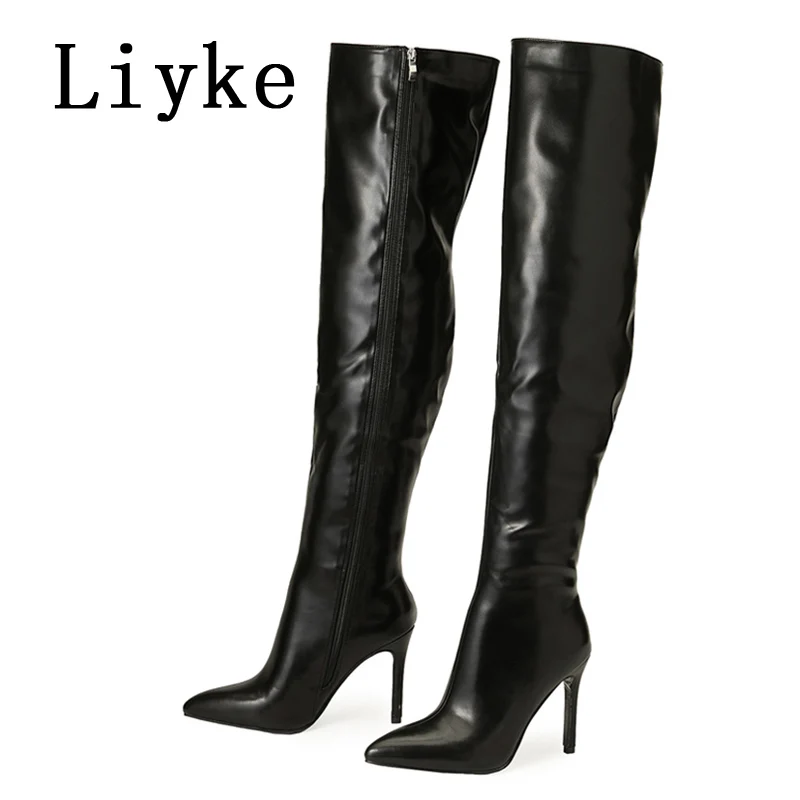 Liyke Sexy Motorcycle Red Leather Thigh High Over The Knee Boots Women Stiletto Heels Pointed Toe Zip Ladies Long Booties Shoes