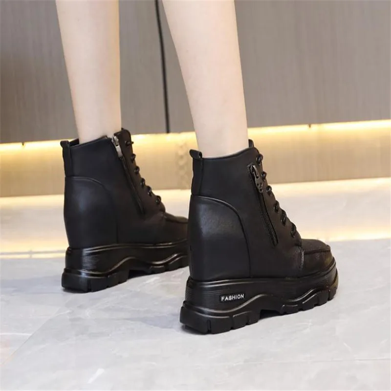 Woman Fashion Ankle Boots Winter New Platform Boots Women\'s Wedges Shoes 10cm High Leather Women Thick Sole Boots Round Toe