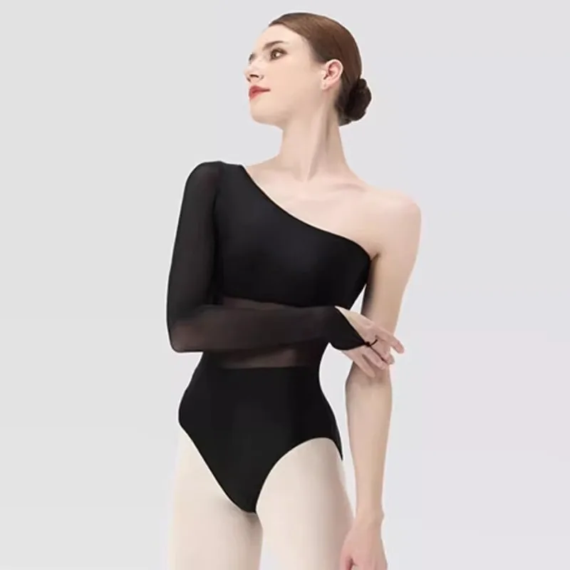 المرأة رداء رقص الباليه قطعة واحدة غير المتكافئة المائل الكتف شبكة لصق الرقص الجمباز مثير اليوغا ارتداءها