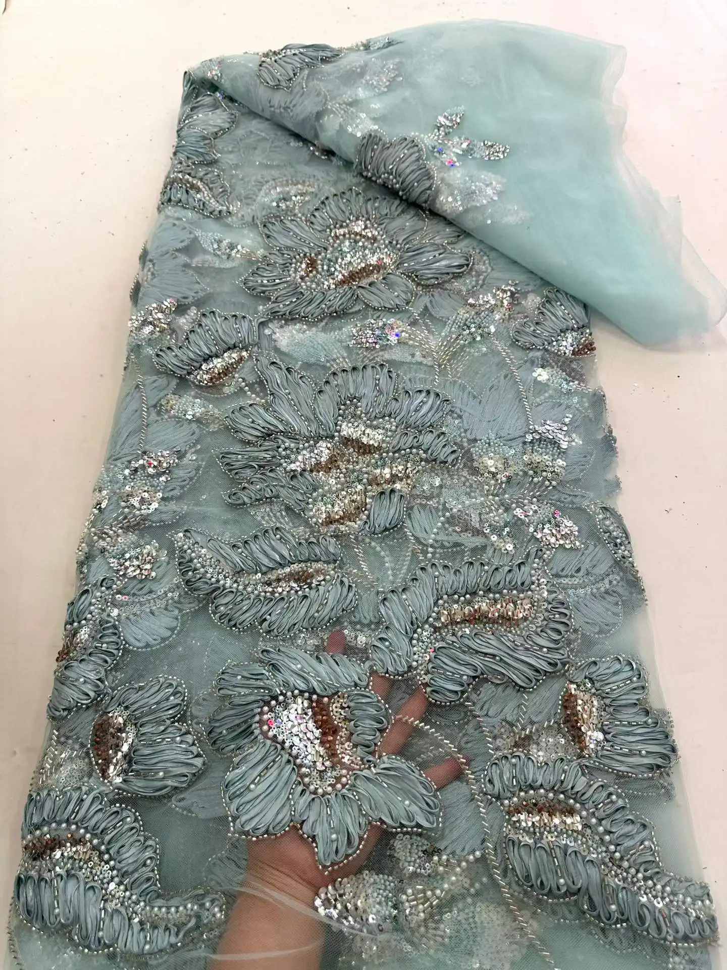 

5Y African Lace Fabric Sequins Beaded Embroidery Groom Nigerian Bridal High Quality French Tulle Lace Fabric For Wedding Party