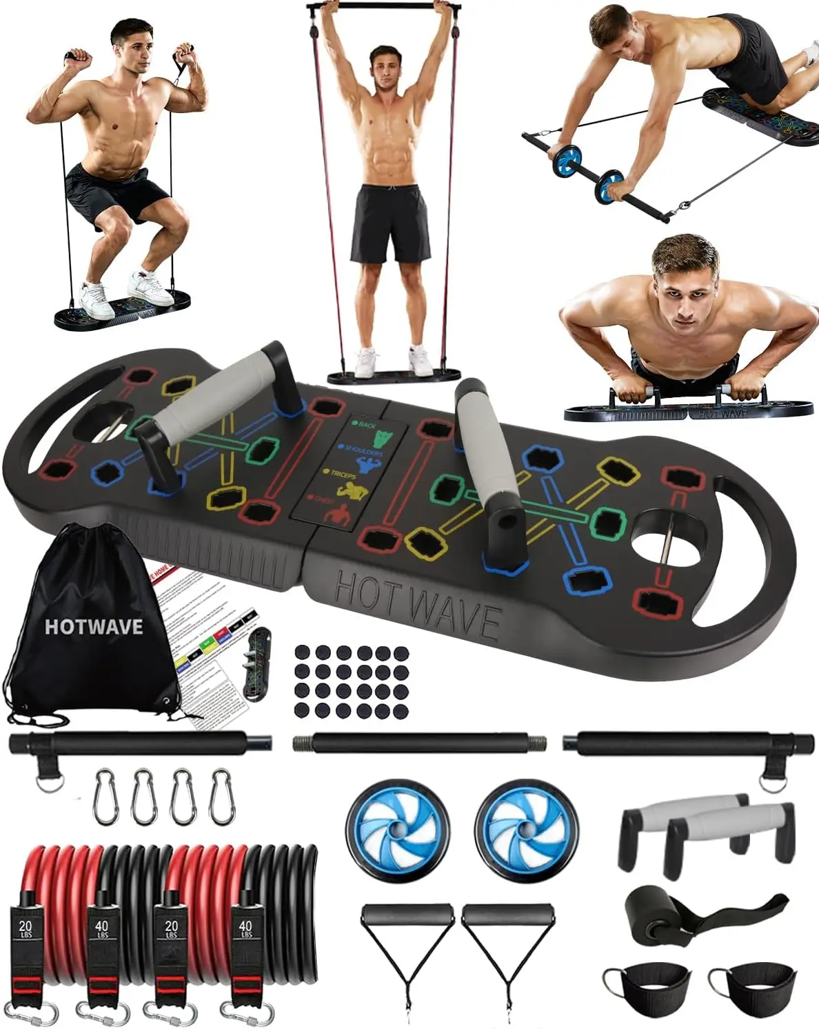 Portable 20 in 1 Push Up Board  with 16 Gym Accessories, Resistance Bands with Ab Roller Wheel, Full Body Workout at Home