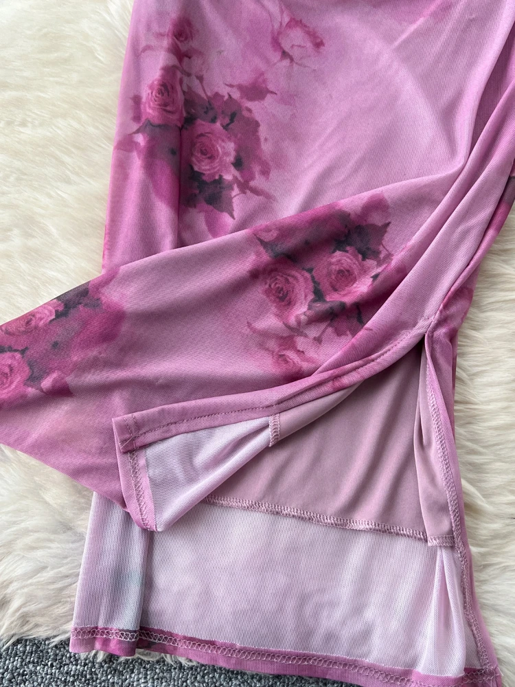 Foamlina-Robe en Maille à Imprimé Floral pour Femme, Élégante, Sexy, Col en V, Manches Courtes, Taille Slim, Fente Latérale, Midi GT, Hanche, Été 2024