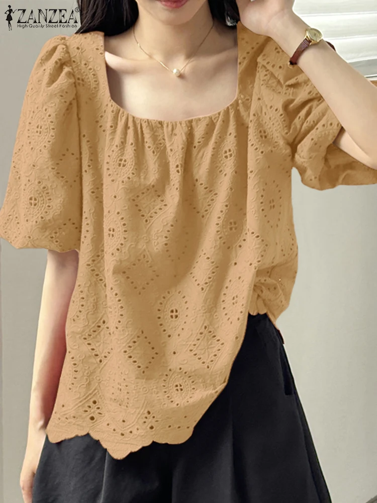 ZANZEA Women Lace Blouse Holiday Hollow out Shirts Fashion Korean Square Collar Tunic 2025 Casual Puff Short Sleeve Summer Tops