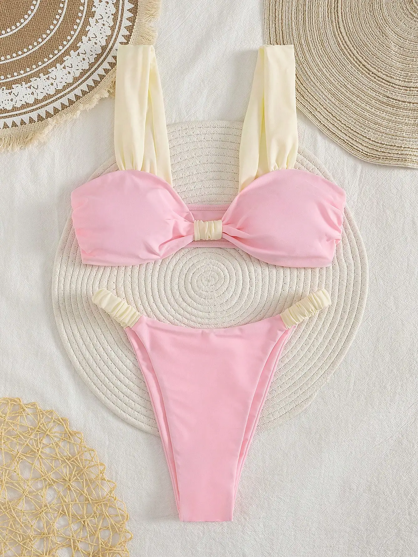 

Solid Color Soft Padded Thick Strap Ruched Sexy Bikini Set For Women Summer Beach Vacation
