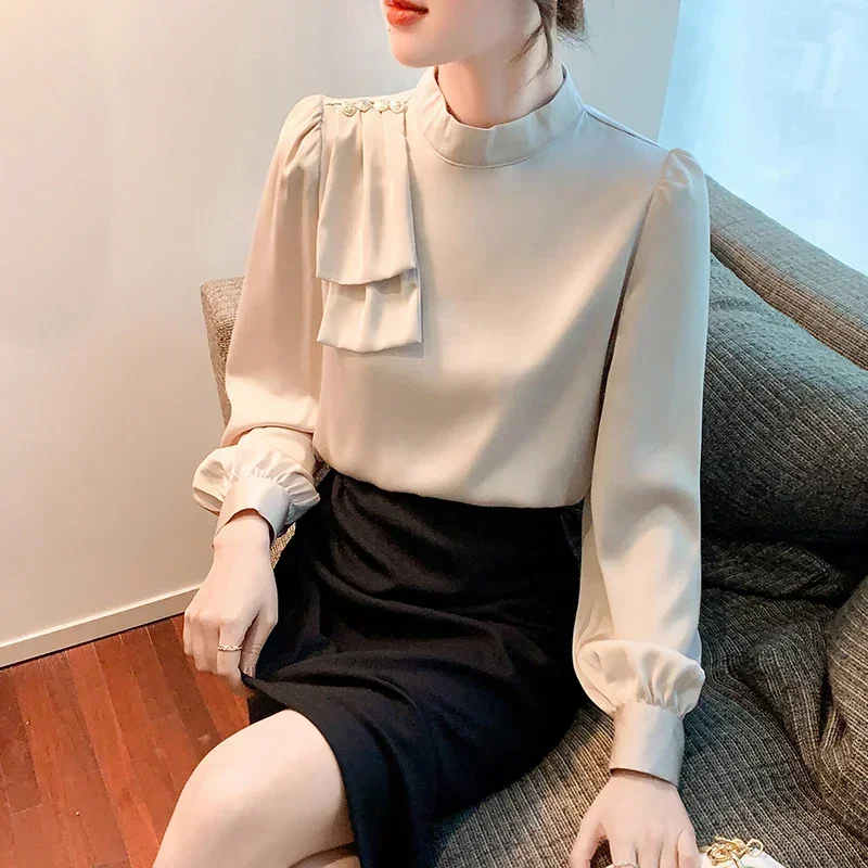 

Elegant Long Sleeve Women Slik Shirts Fashion Korean Stand Satin Blouse Women Long Sleeve Office Lady Tops Clothing Blusas 29935