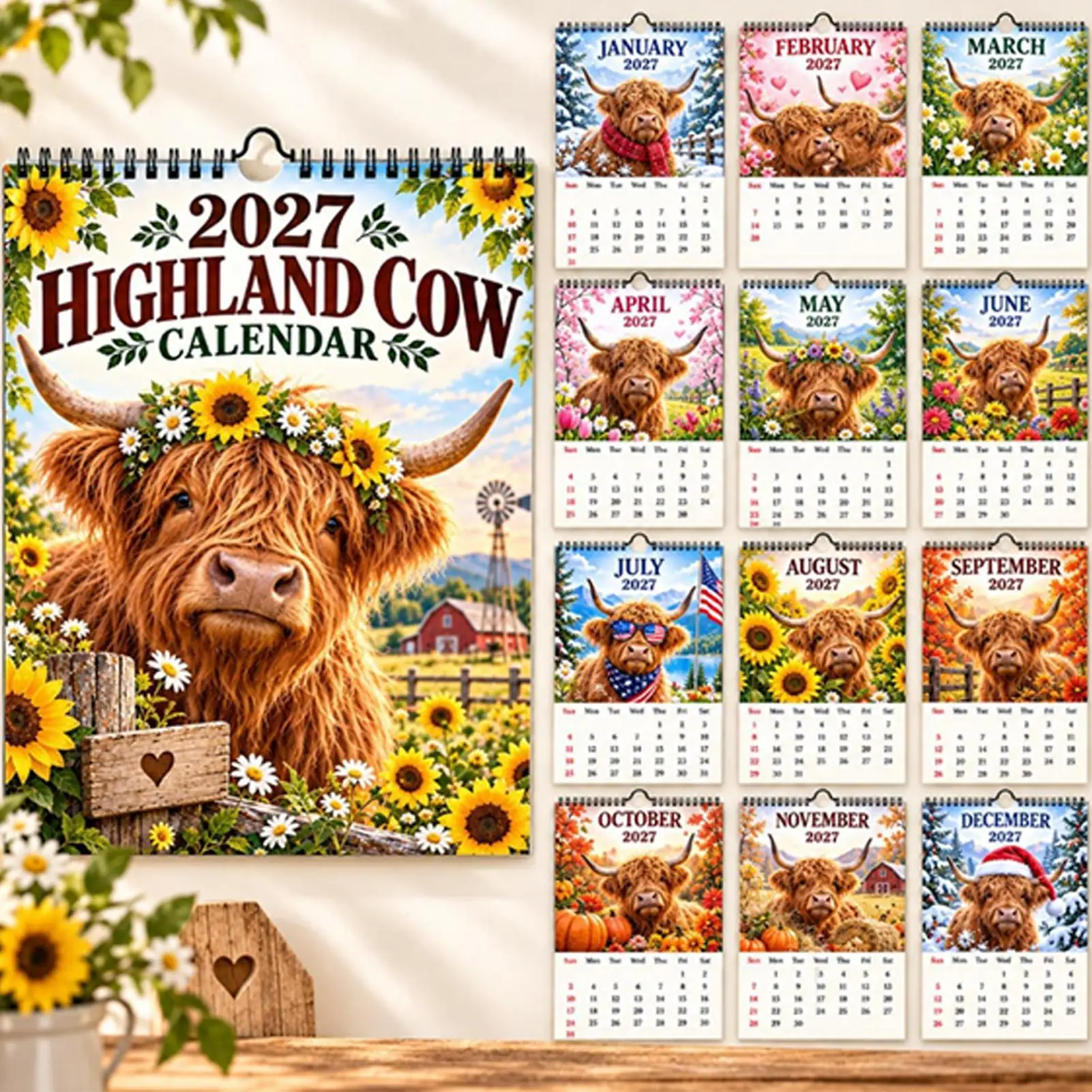 2027 Highland Cow Wall Calendar Cow Theme Scheduling 12 Months Planner Funny Cow Farm Animal Calendar For Home Office