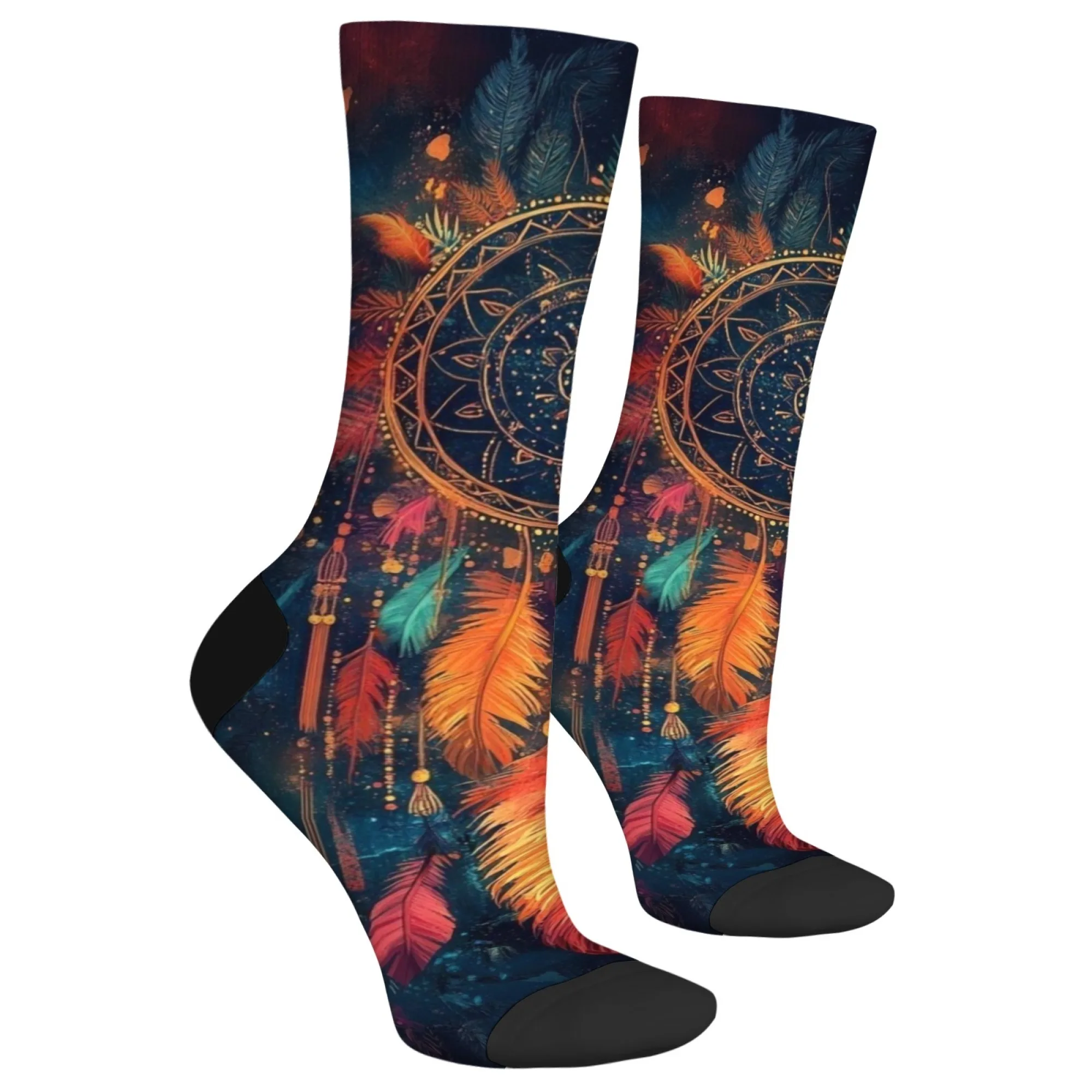 原宿レトロエスニックスタイルドリームキャッチャーパターンプリントメンズソックス、斬新なストリートトレンドエスニックスタイルクルーソックスパーティーギフト