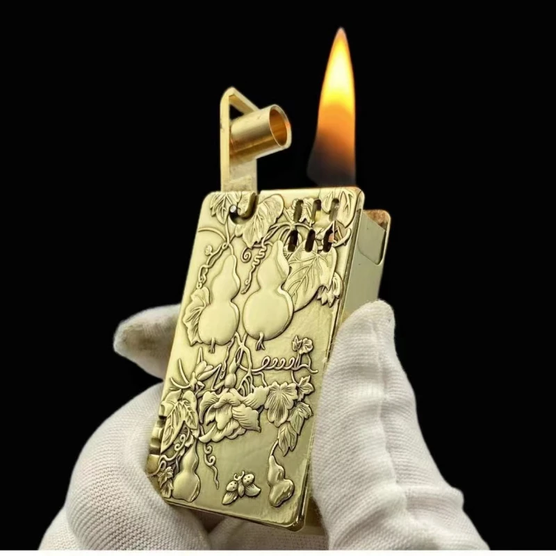 Creative Brass Semi Automatic Ejection Kerosene Lighter Double sided Fine Relief Large Oil Warehouse Lighters Gadget Men\'s Gift