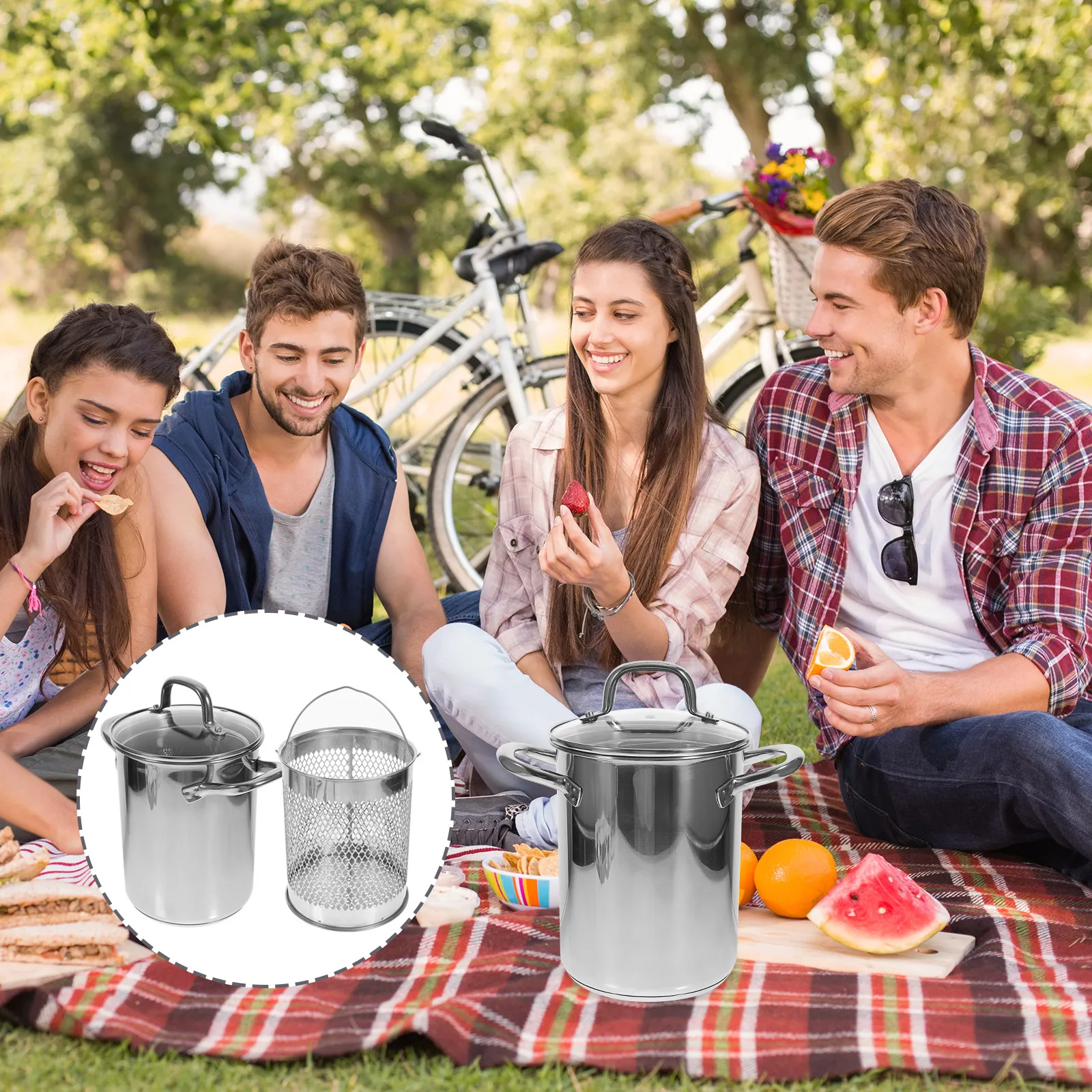 

Набор из 3 предметов: Кастрюля для жарки из нержавеющей стали 304 с антипригарным покрытием и корзиной для слива масла, подходит для всех типов плит и использования на открытом воздухе